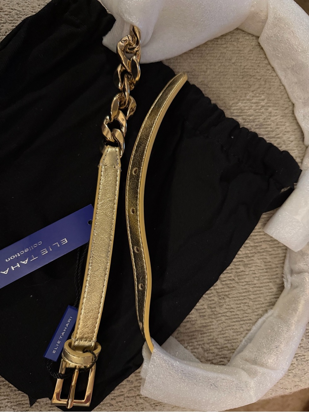 Elie Tahari Gold Metallic Leather and Chain Belt with Dust Bag, NEW, Size M